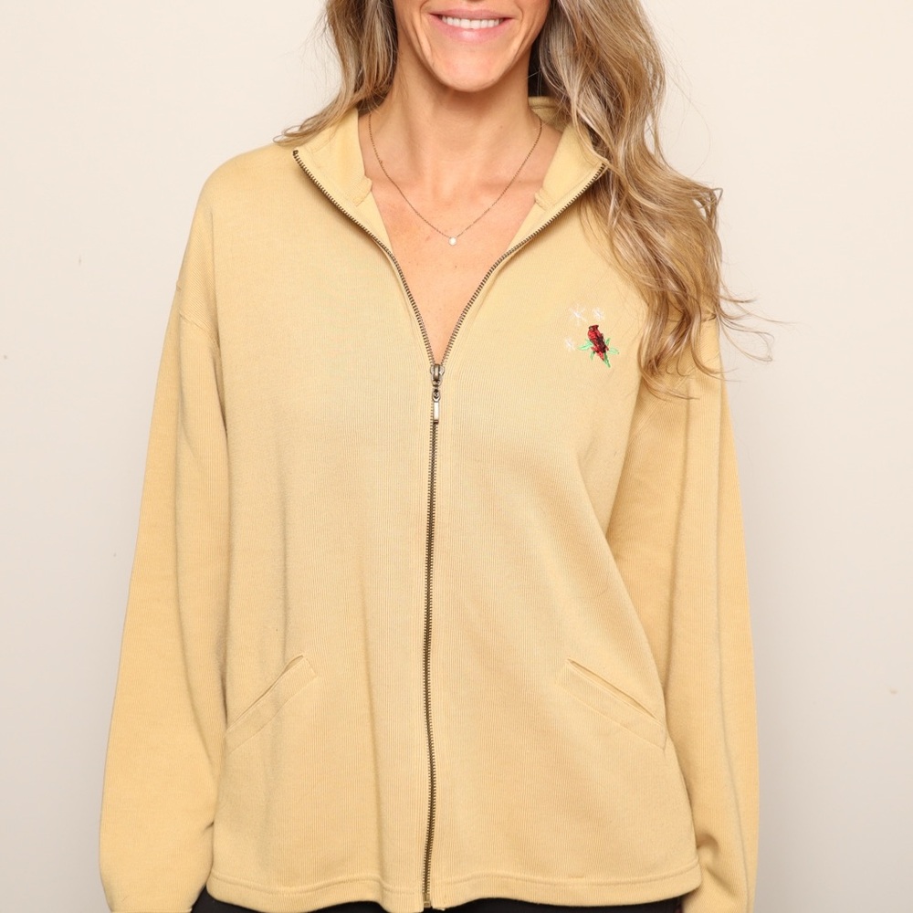 Beige Zip-Up Jacket with Rose Embroidery